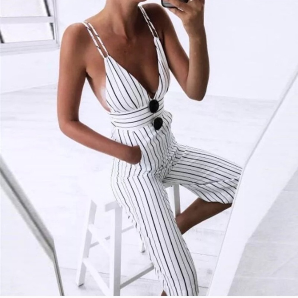 Striped Deep V Jumpsuit